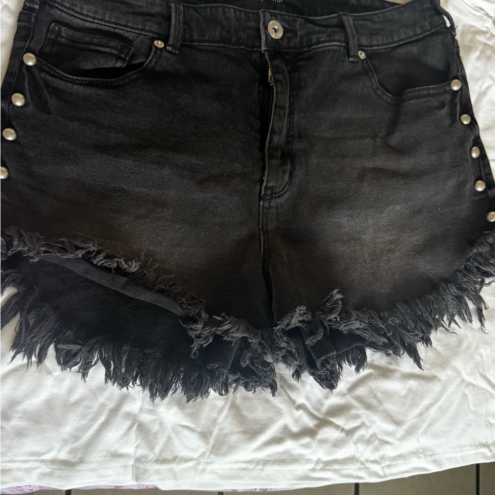 INC International Concepts Black Frayed Hem Denim Shorts with Side Studs